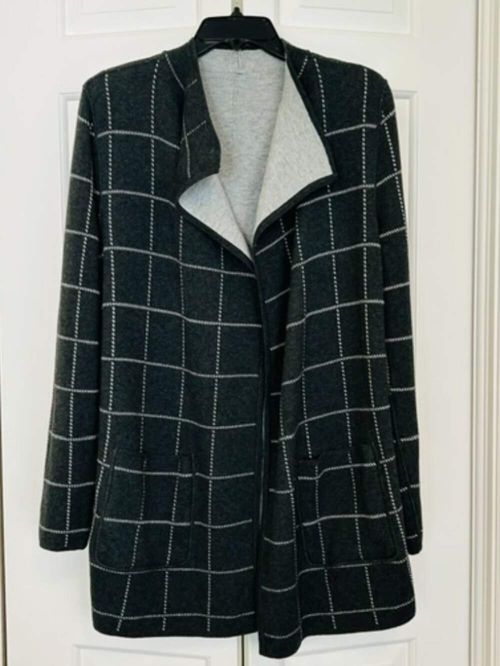LOFT Reversible Charcoal Gray Windowpane Plaid Open Front Cardigan Small